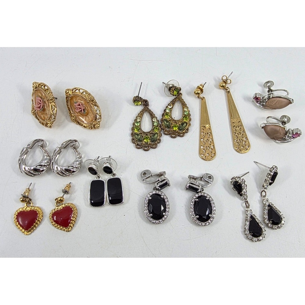 Vintage Costume Earring Lot 9 Pairs Cameo Heart Rhinestone Dangle Clip On Post